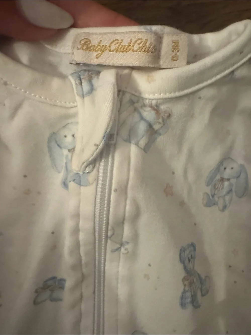 Baby Club Chic 0-3 months onesie - White & Blue Teddy bears & rocking horse